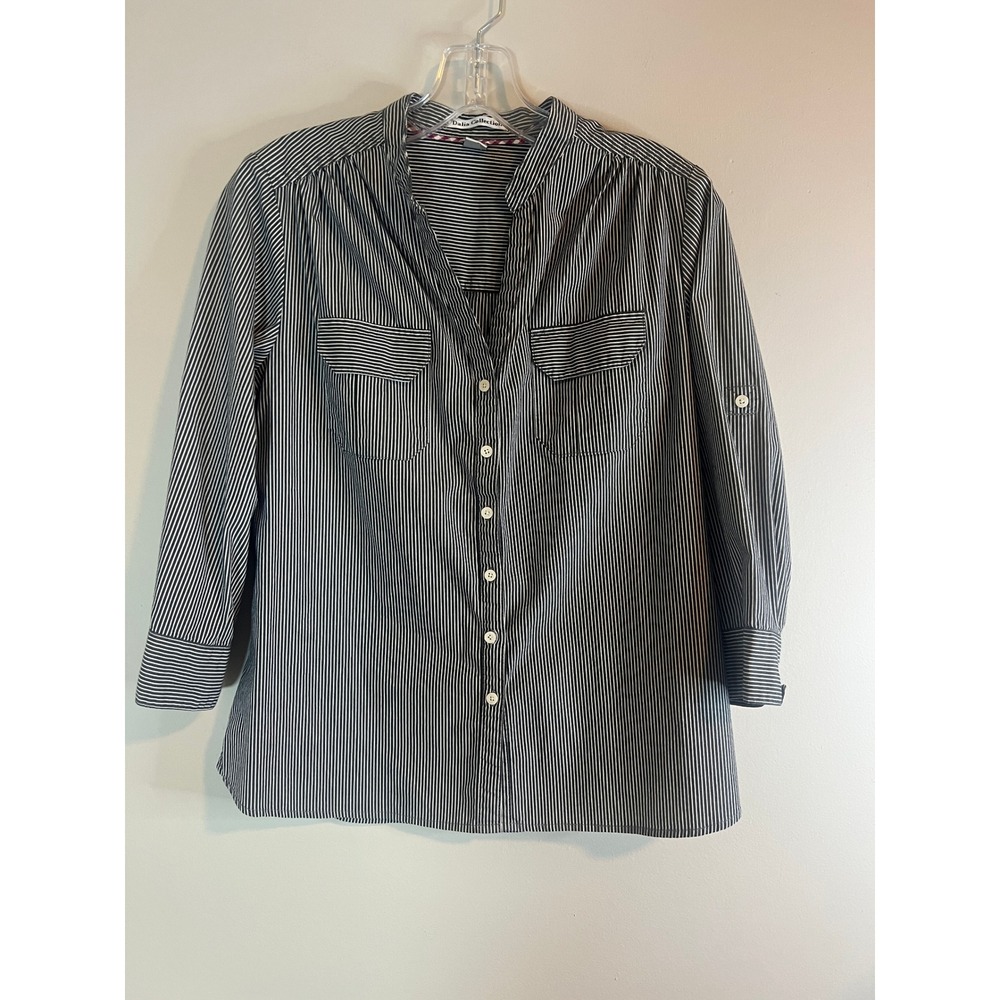 Dalia Collection Navy White Pinstripe Roll Tab Sleeve Button Down Shirt Womens M